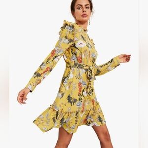 Floerns Mock Neck Gold Yellow Tropical Floral Long Sleeve Dress Ruffle Trim Sz S